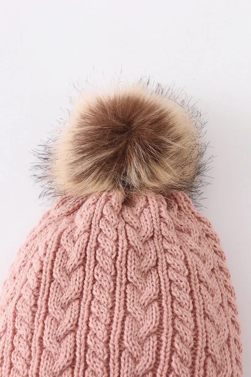 Dust rose cable knit pom pom beanie hat baby toddler adult