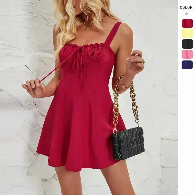 Elegant Chic Summer Sleeveless Solid Color A-line Dress Lace-up Suspender Mini Skater Dress For Womens Clothing