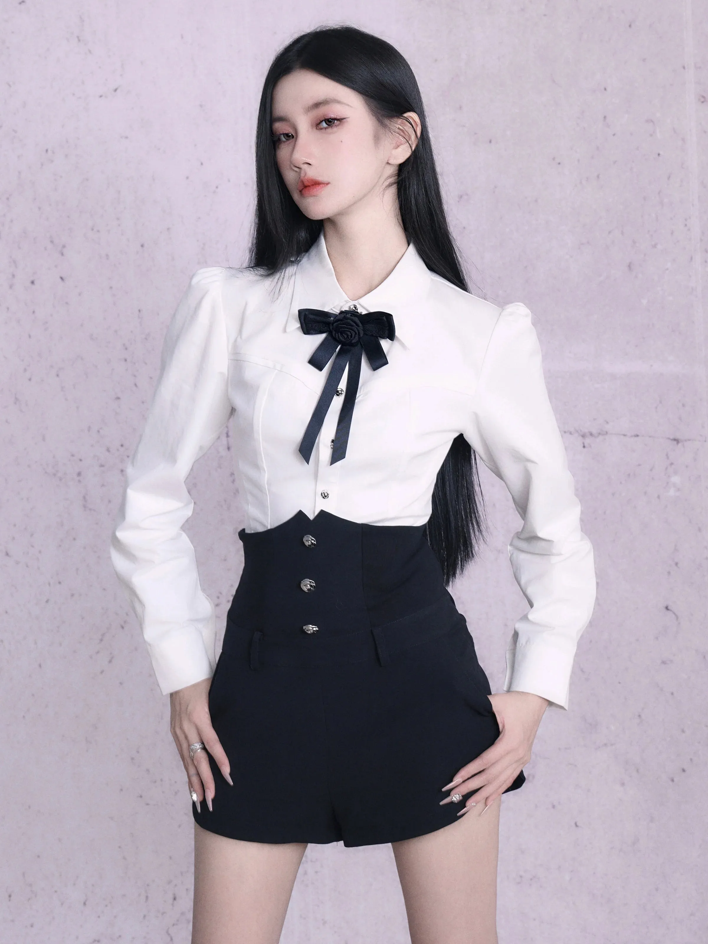 Elegant Contrast Bow-Tie Crop Blazer and High-Waist Shorts Set