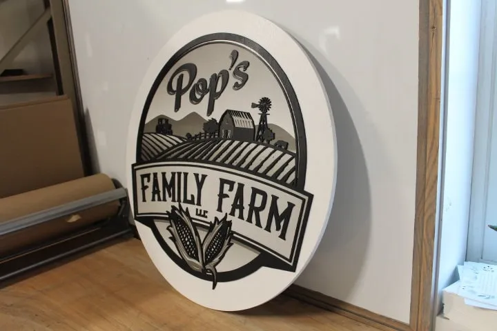 Family Farm Corn Barn Homestead Pops Giftable Country Tractor Black and White Printed and 3D Custom Sign Round Made to Order Wooden Handmade