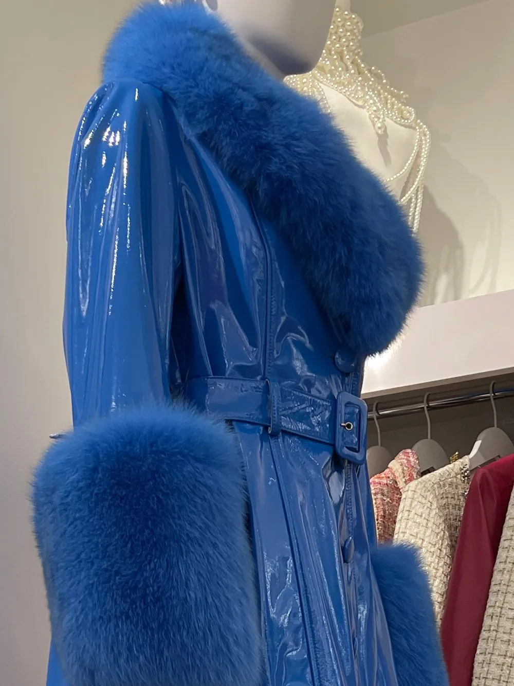 Faux Fur Patent Leather Coat in Blue