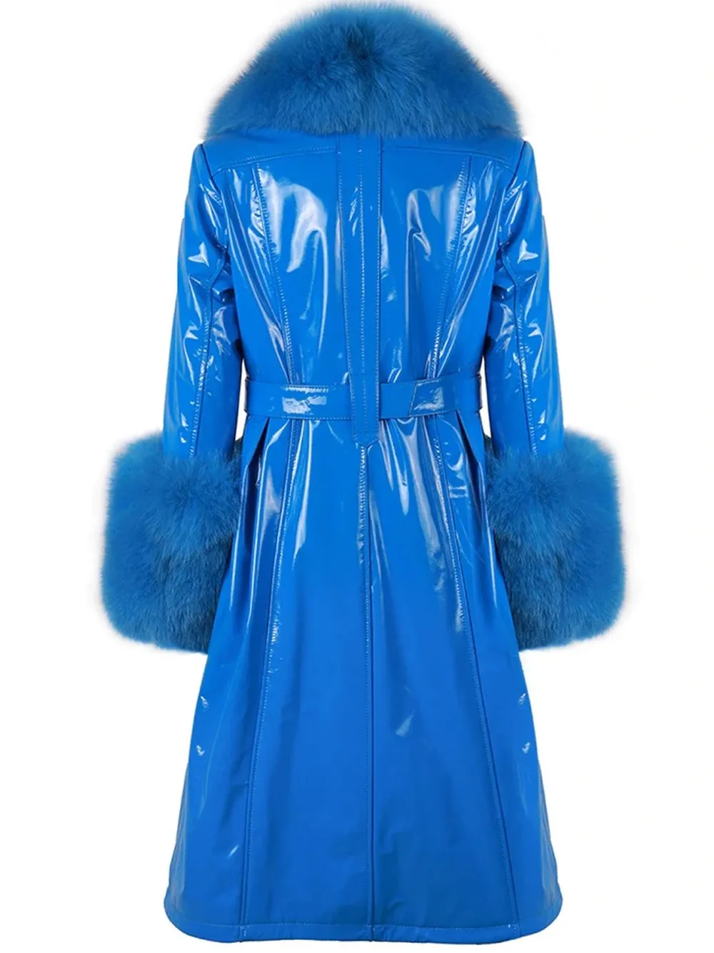 Faux Fur Patent Leather Coat in Blue