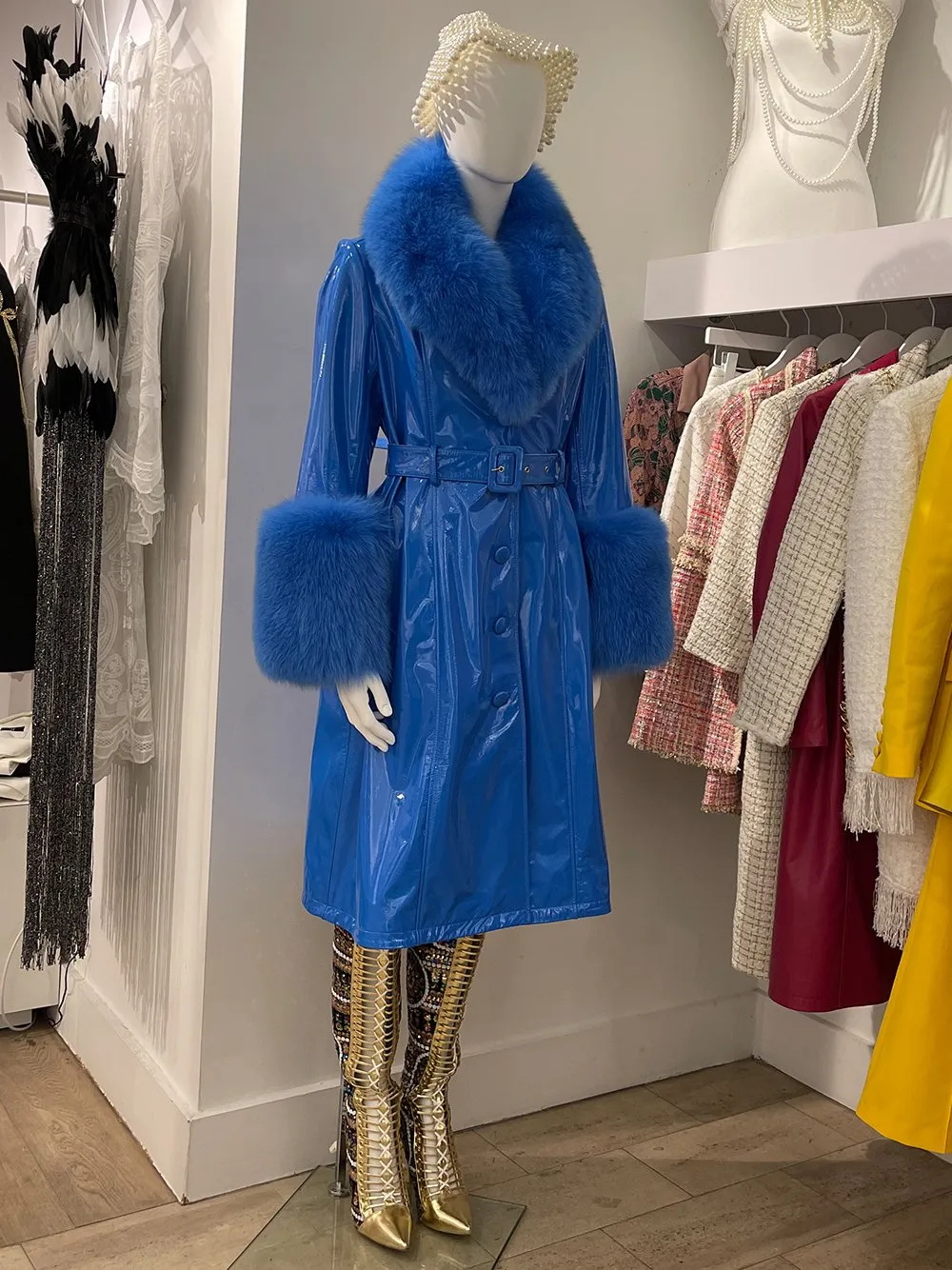 Faux Fur Patent Leather Coat in Blue