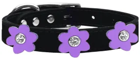 Flower Leather Collar Black With Lavender Flowers Size 24