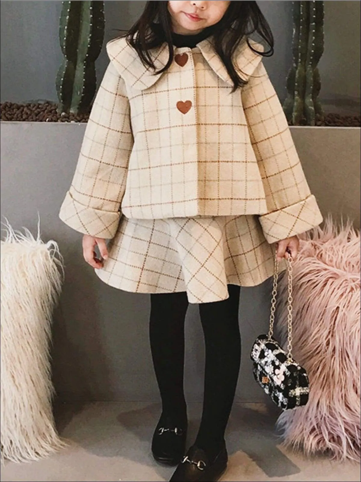 Girls Beige A-Line Plaid Dress & Matching Flat Collar Coat With Heart Detail Set