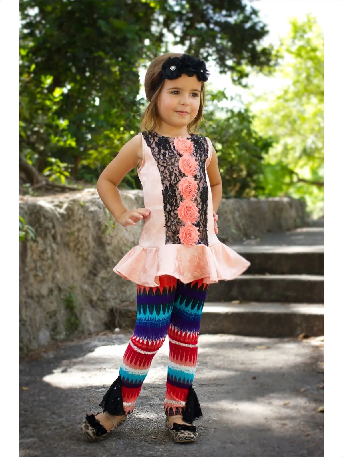 Girls Pink And Black Peplum Top And Leggings