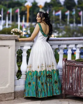 Glamourous Green Traditional Ethiopian Couples Attire: Handmade Black Adornments Matching Habesha Couples Outfit