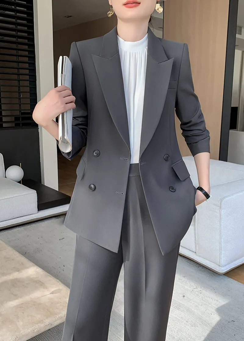 Gray Double Breasted Blazer Wide Pants Suit Two-Piece Set