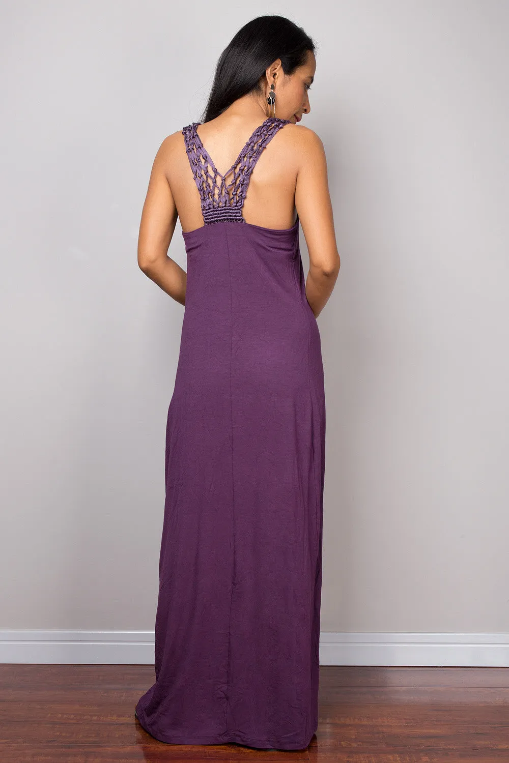 Halter dress, purple dress, backless dress, midi dress, sleeveless dress, long purple dress, open back dress, braided dress