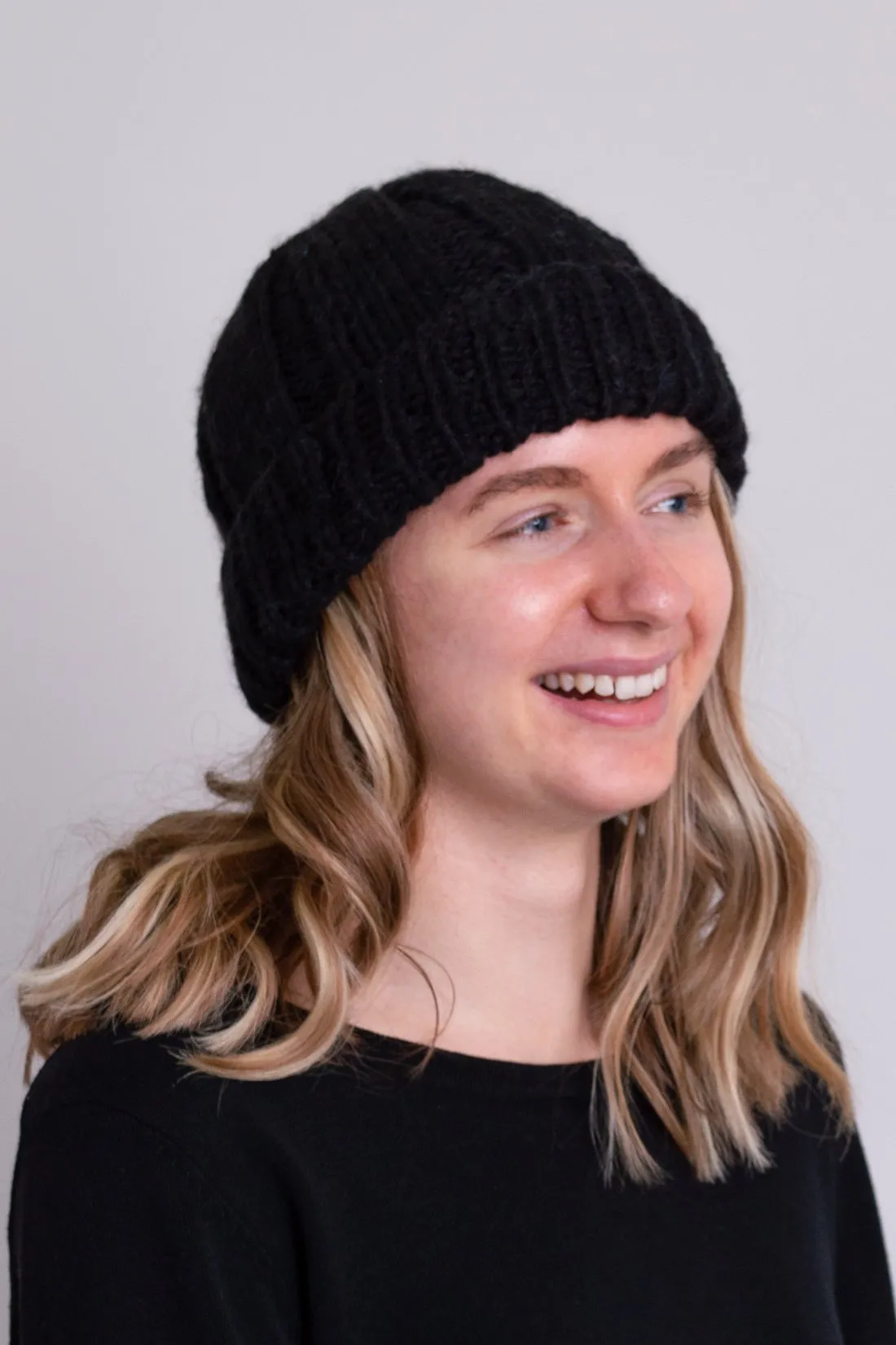 Hand Knit Beanie, Black, Wool