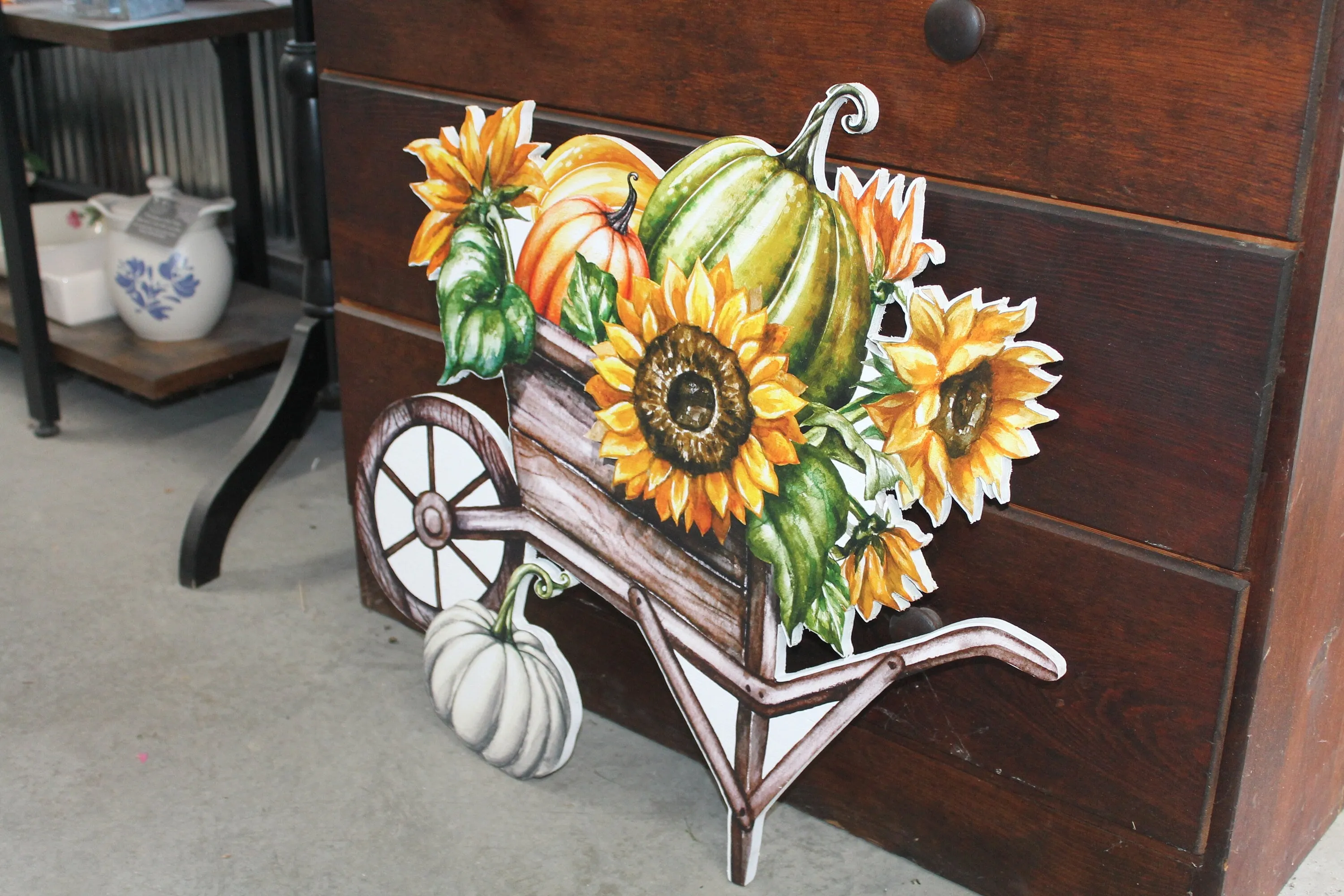 Harvest Pumpkin Porch Decor Farmstand Sunflower Cart Gift Gourd Fall Autumn Wheel Barrel Printed Flower Bed Decoration Orange Green Rustic