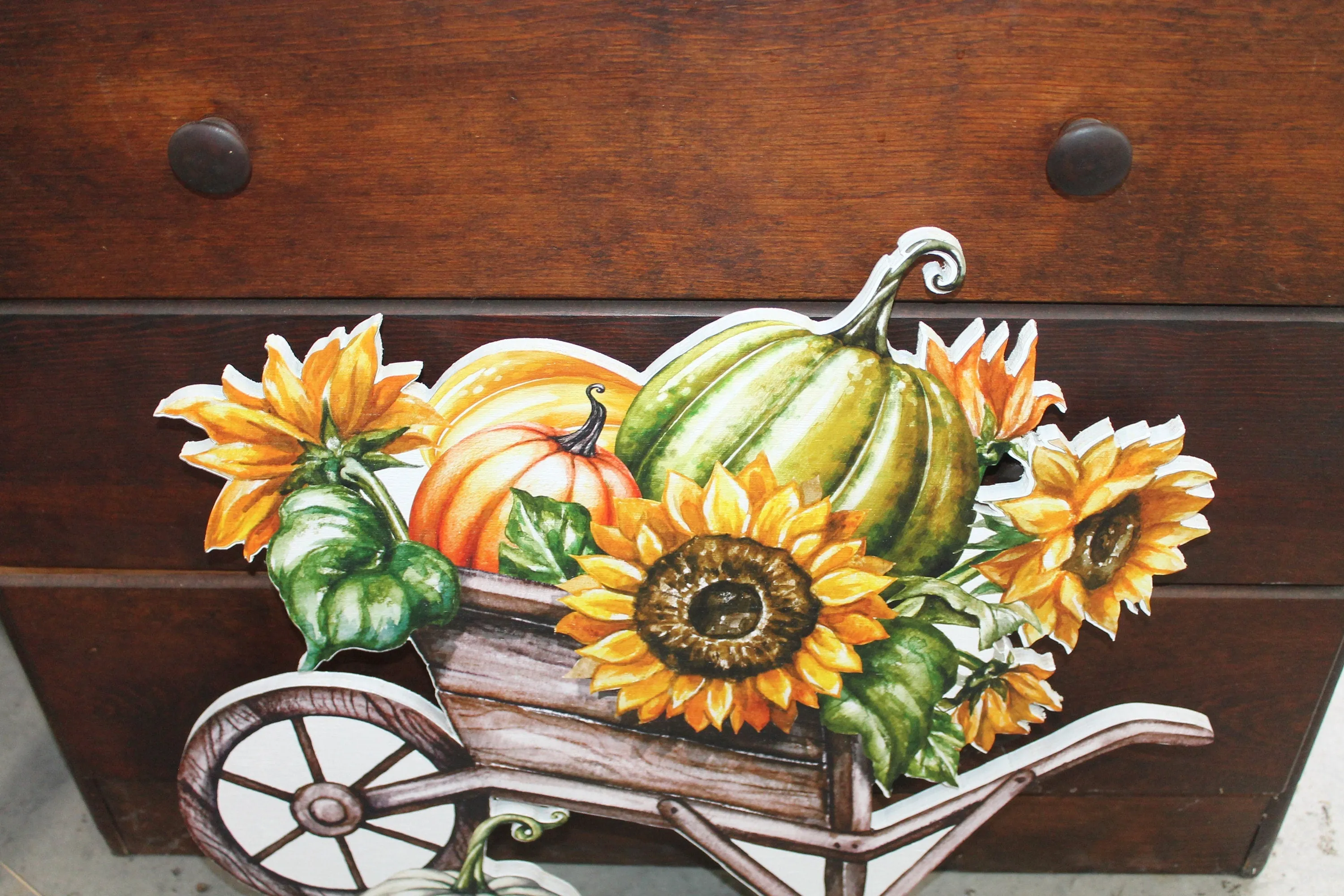 Harvest Pumpkin Porch Decor Farmstand Sunflower Cart Gift Gourd Fall Autumn Wheel Barrel Printed Flower Bed Decoration Orange Green Rustic