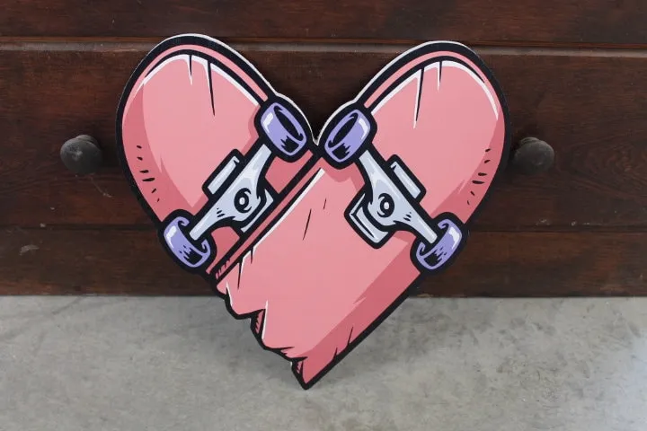 Heart Skateboard Cutout Printed Valentines Day Rocker Wooden Wall Art Skater Gift Broken Love Grunge Hipster Skate Park Punk