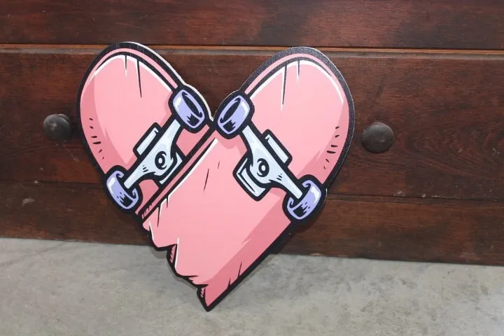 Heart Skateboard Cutout Printed Valentines Day Rocker Wooden Wall Art Skater Gift Broken Love Grunge Hipster Skate Park Punk