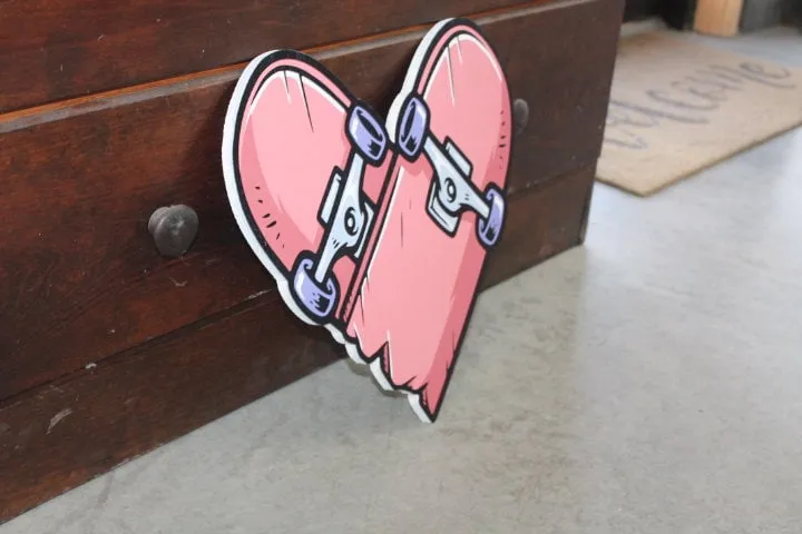 Heart Skateboard Cutout Printed Valentines Day Rocker Wooden Wall Art Skater Gift Broken Love Grunge Hipster Skate Park Punk