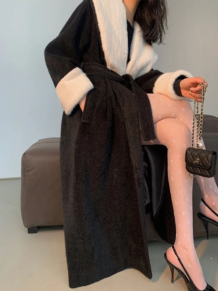 High end Contrast color large lapel bathrobe-style long coat loose winter spring woolen coat - Gulla Black