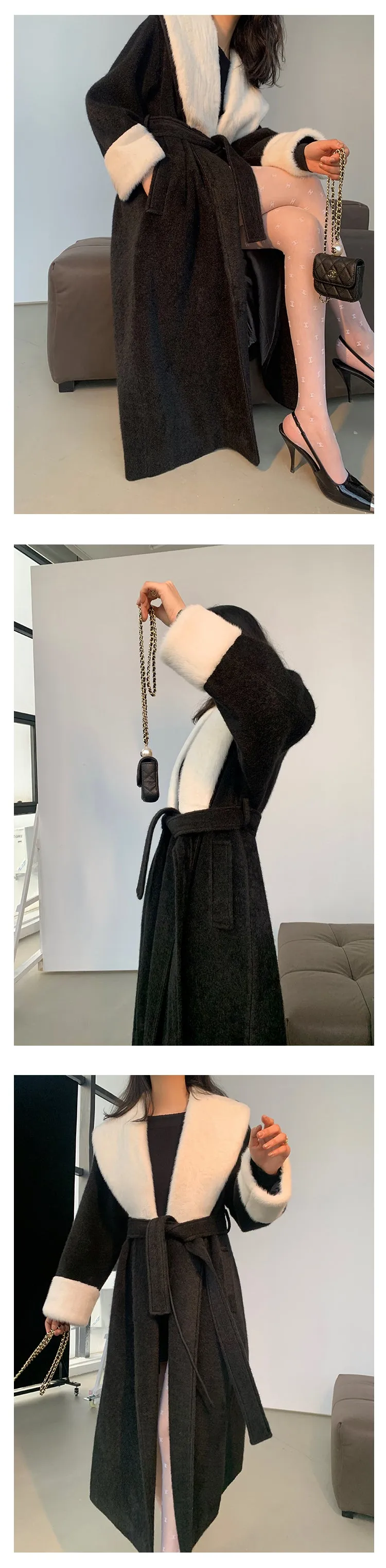 High end Contrast color large lapel bathrobe-style long coat loose winter spring woolen coat - Gulla Black