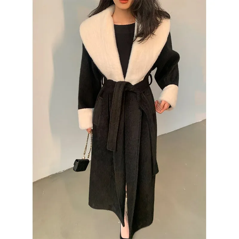 High end Contrast color large lapel bathrobe-style long coat loose winter spring woolen coat - Gulla Black