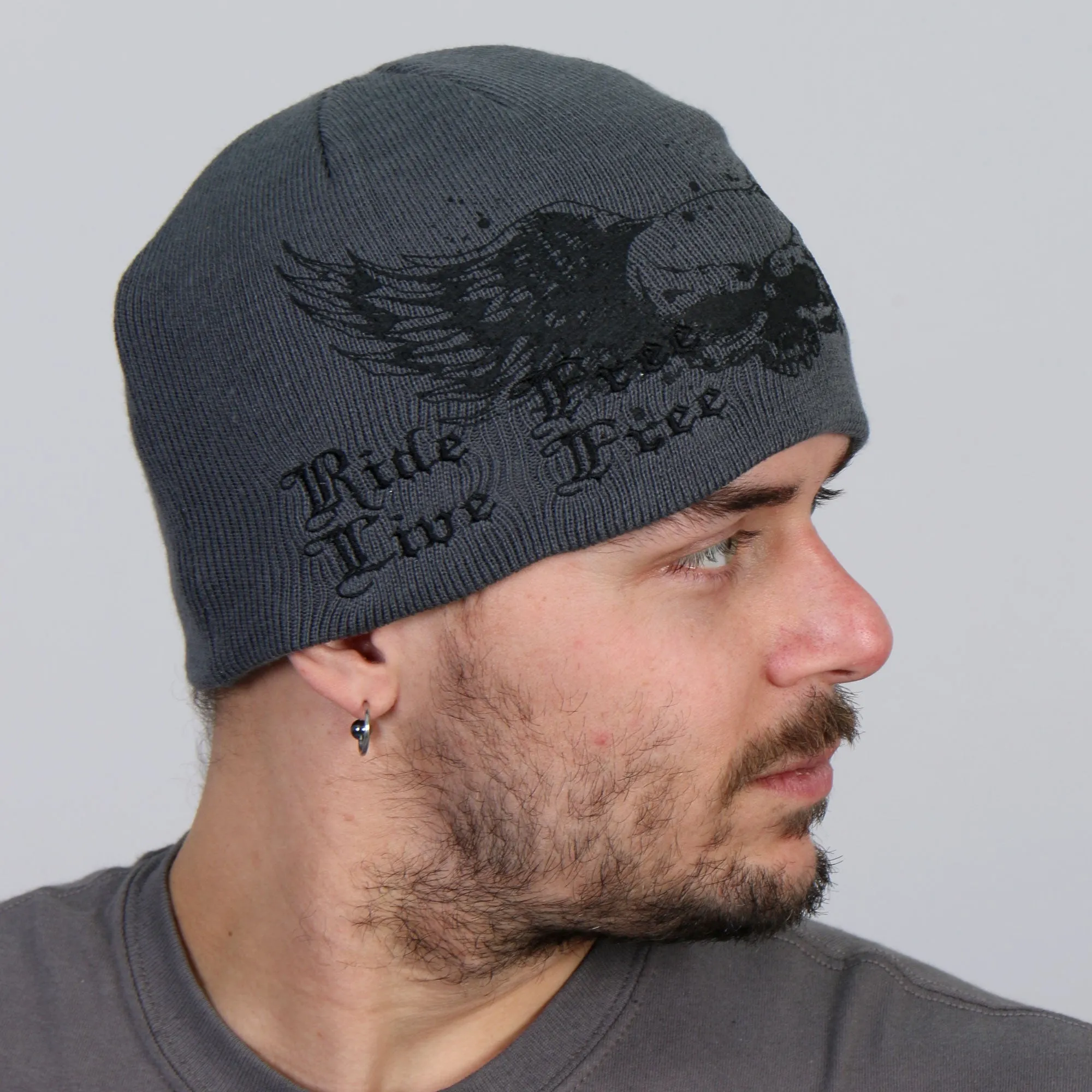 Hot Leathers KHB1000 Skull with Wings Grey Knit Cap