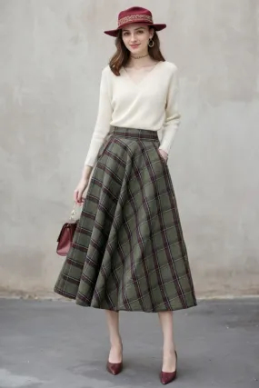 Long Plaid A-Line Wool Skirt 5403