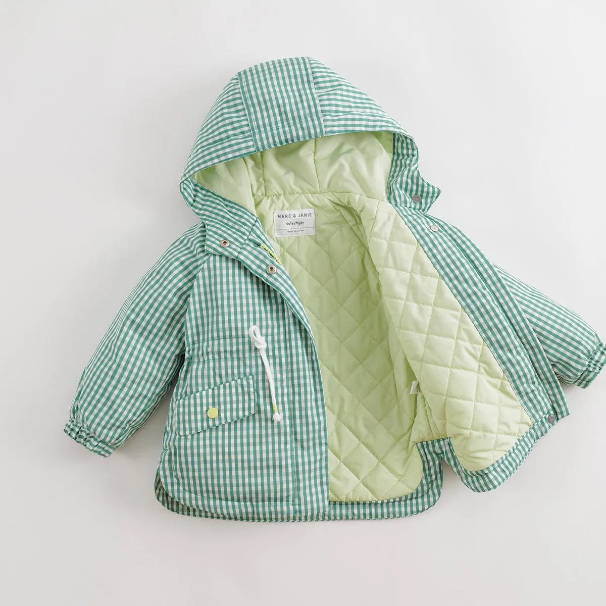 MARC & JANIE Girls Green Plaid Printed Hooded Coat 231787