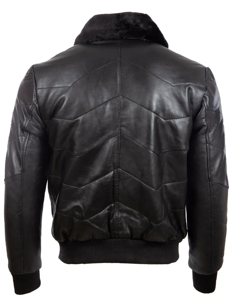 MC9P Men's Quilt Puffer Fur Aviator Bomber Jacket - Black