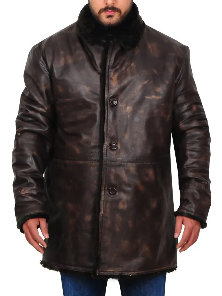 Men Distressed Brown Fur Collar Jacket