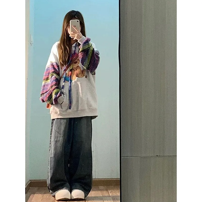 METAVERSMALL American cartoon puppy hooded sweater women's spring and autumn New new small lazy chic colored yarn splicing coat