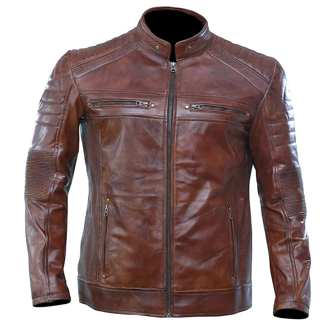 Motorcycle Genuine Leather Jacket For Men Slim Fit In Brown