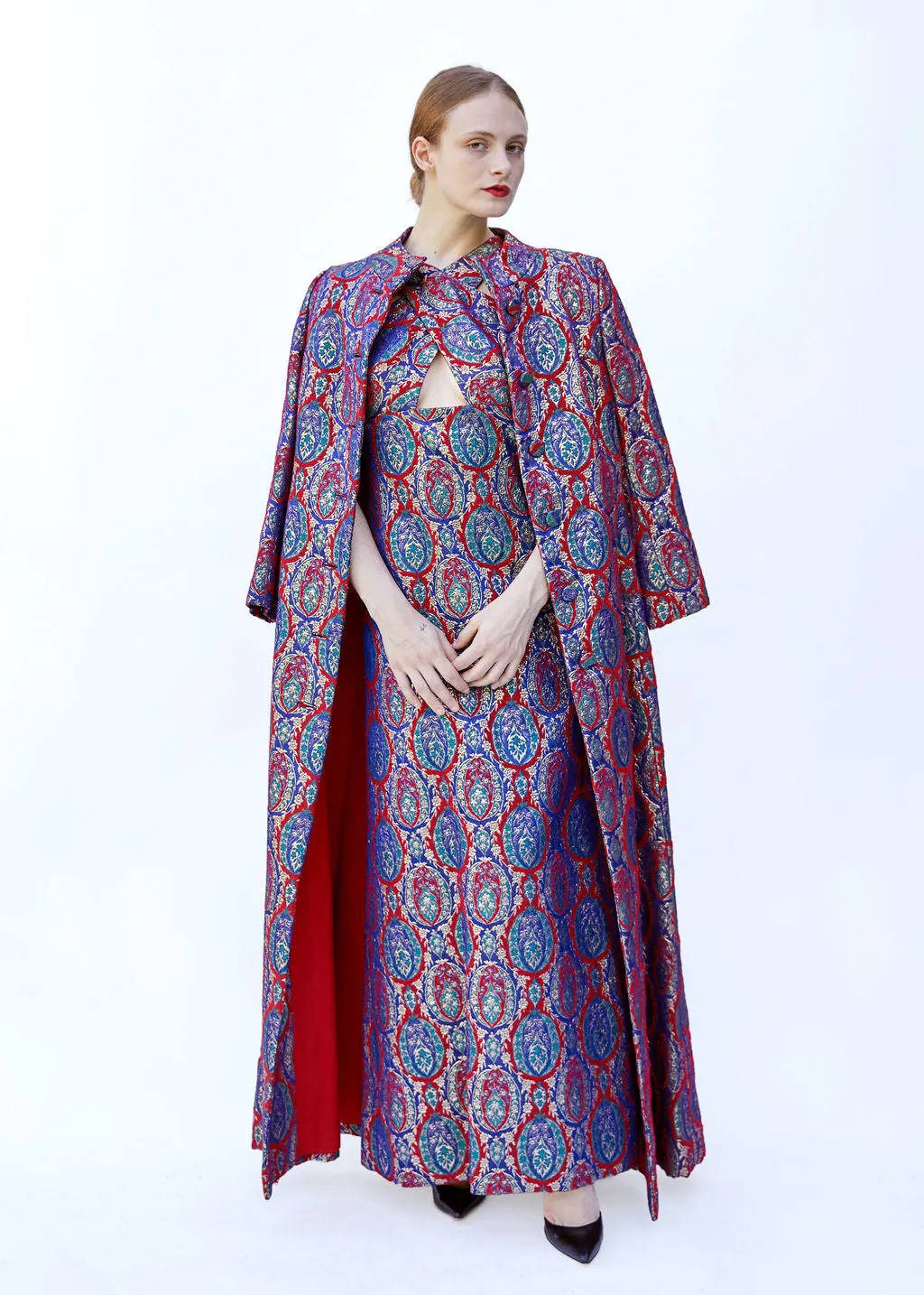 Mr Blackwell Custom 1960's Red and Purple Brocade Gown W/ Coat