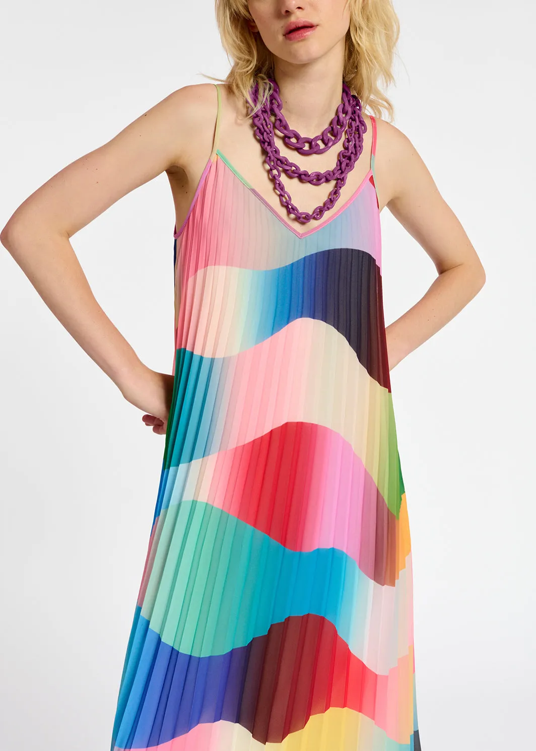 Multicolor graphic print plissé slip dress