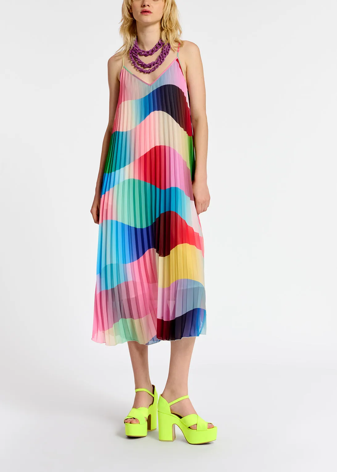 Multicolor graphic print plissé slip dress