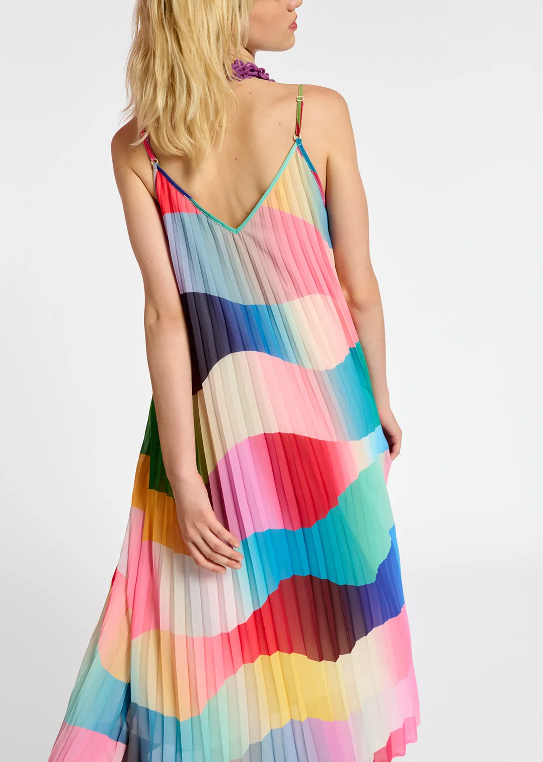 Multicolor graphic print plissé slip dress