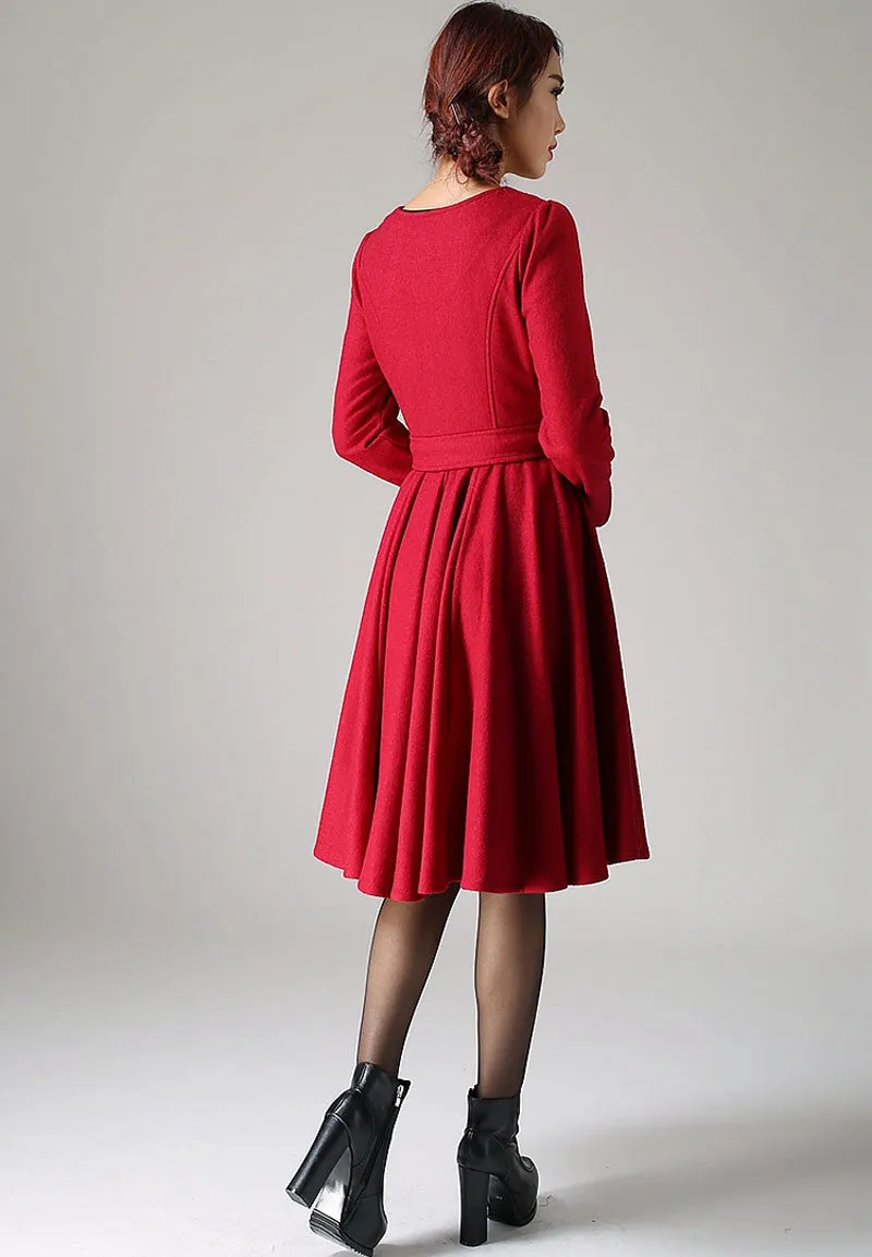 Red midi wool dress women dress 1082