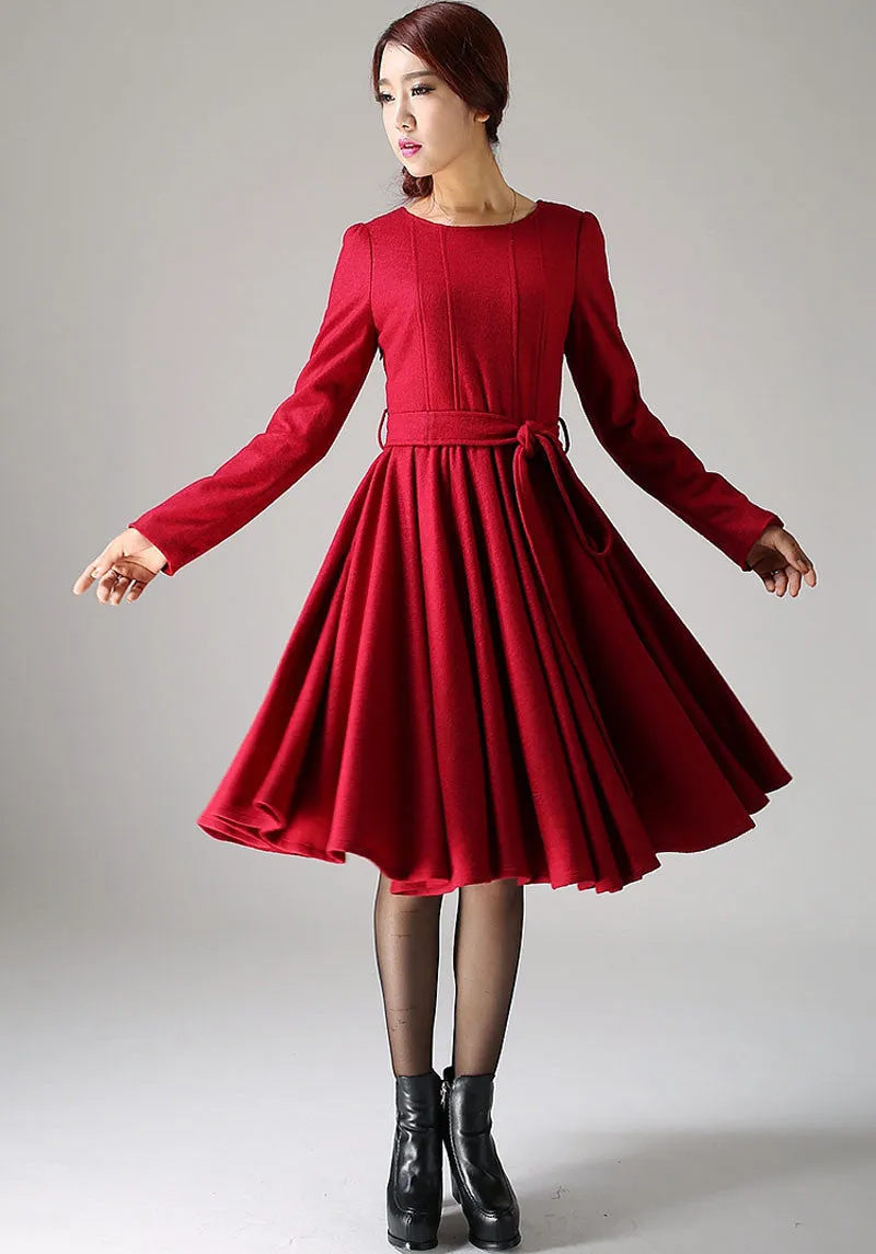 Red midi wool dress women dress 1082