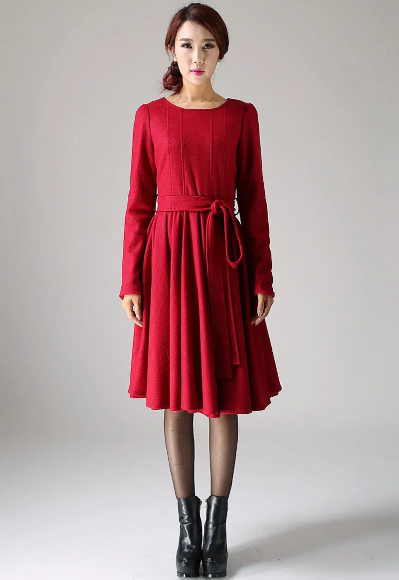 Red midi wool dress women dress 1082