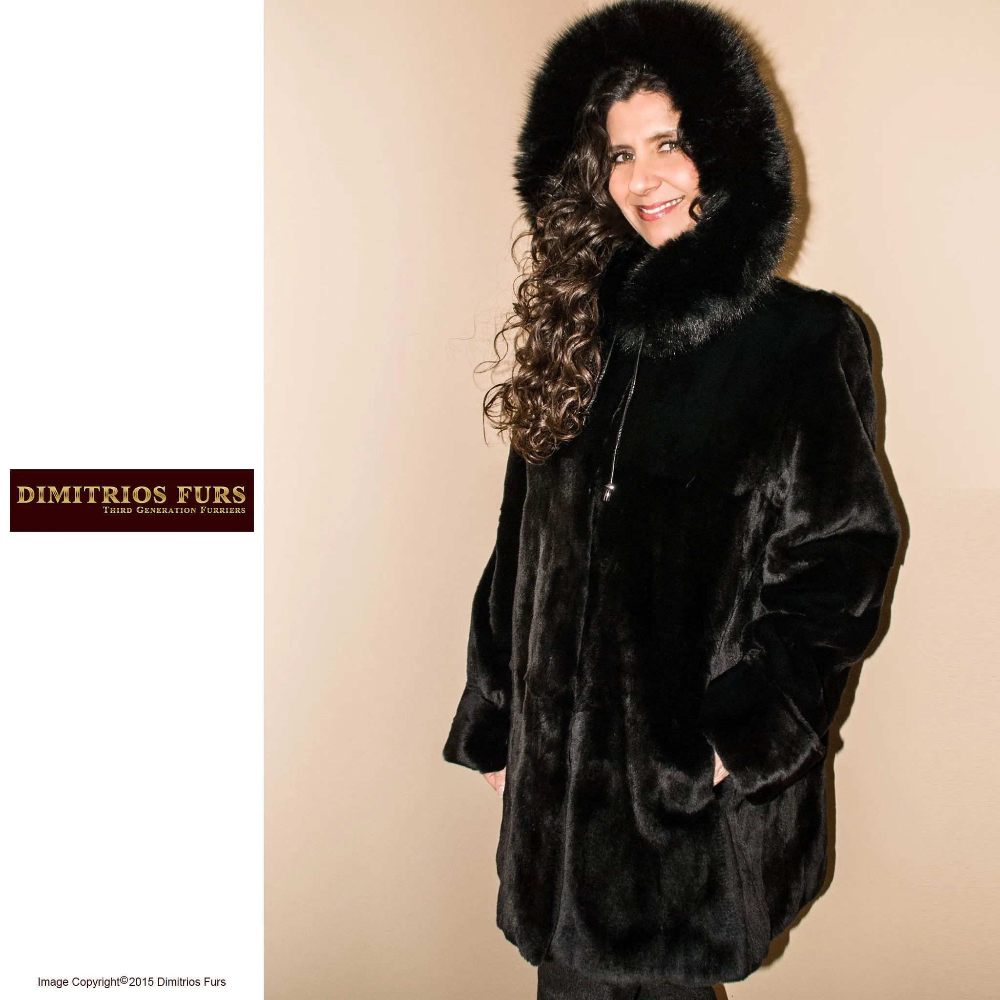 Reversible Fur Coat - Black Sheared Mink with Fox Trimmed Hood