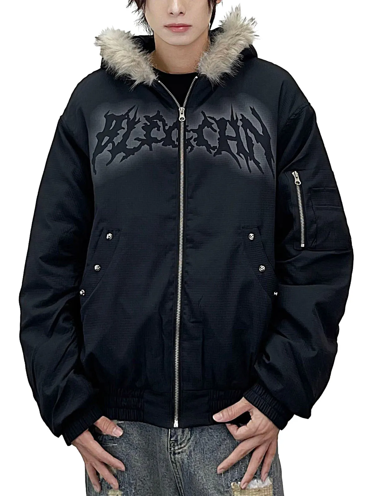 Rivet Fur Hooded Quilted Jacket