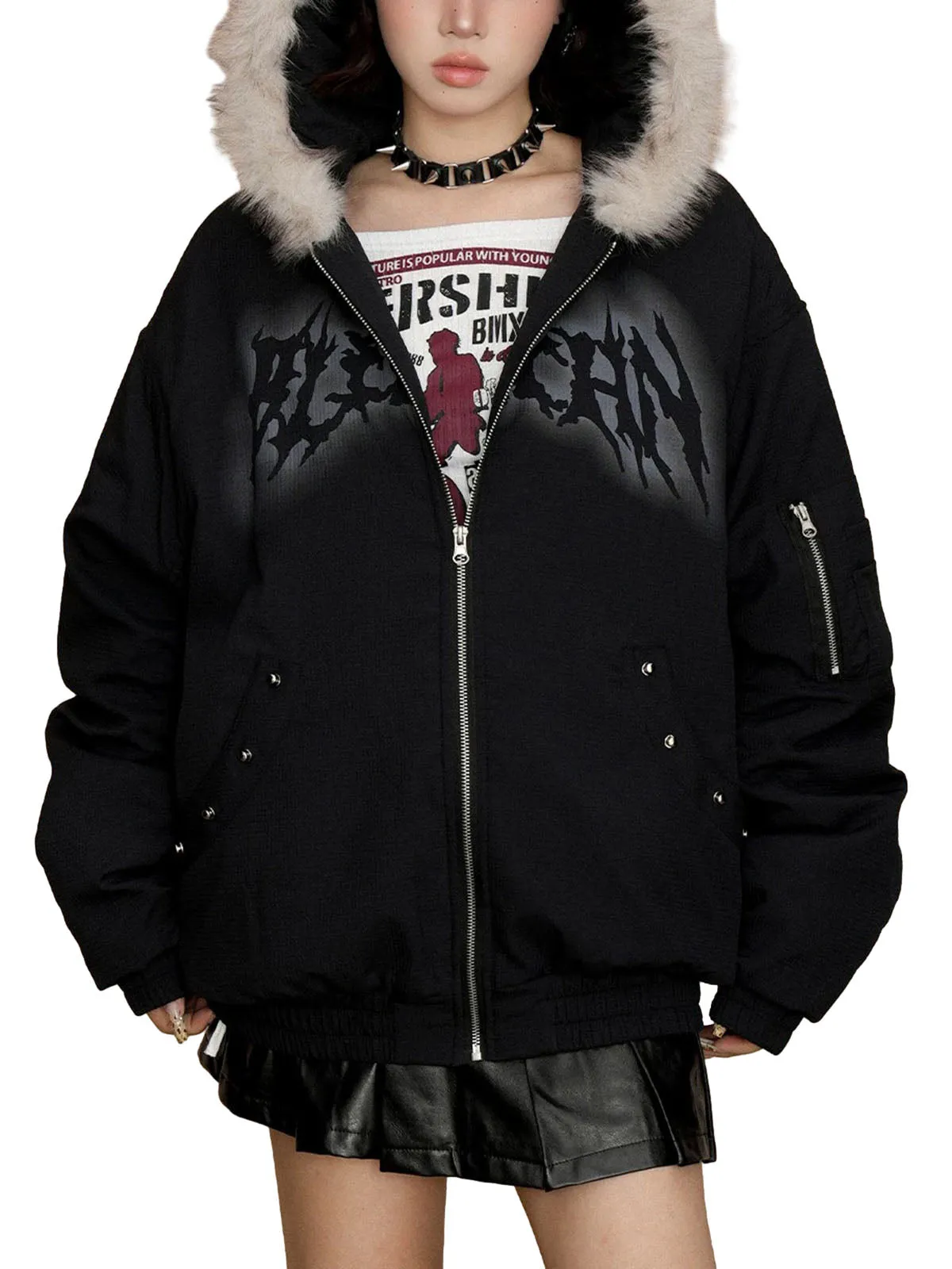 Rivet Fur Hooded Quilted Jacket