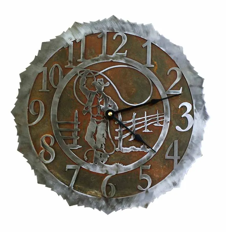 Roping Cowboy 12" Round Metal Wall Clock