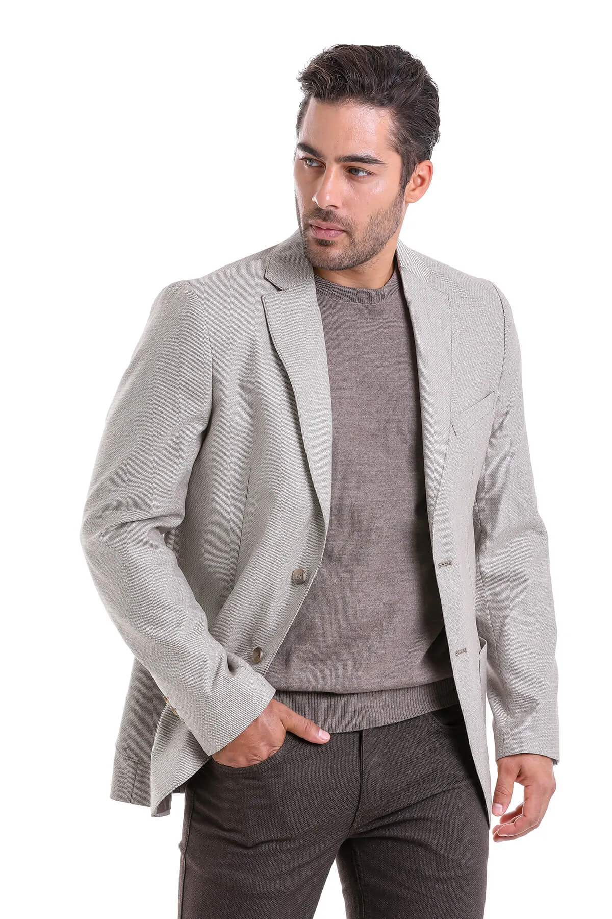 Slim Fit Notch Lapel Patterned Beige Casual Blazer