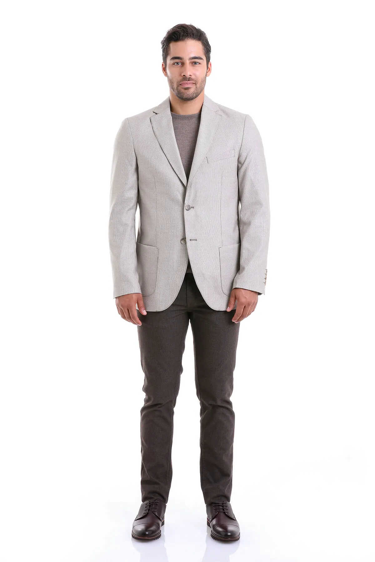 Slim Fit Notch Lapel Patterned Beige Casual Blazer