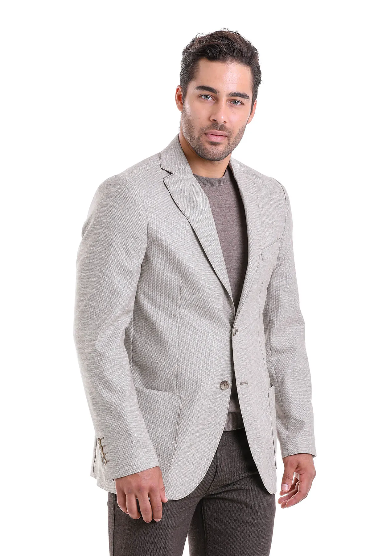 Slim Fit Notch Lapel Patterned Beige Casual Blazer