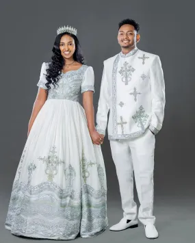 Sophisticated Silver and Blue Habesha Couple's Outfit: Modern Matching Ethiopian Wedding Attire