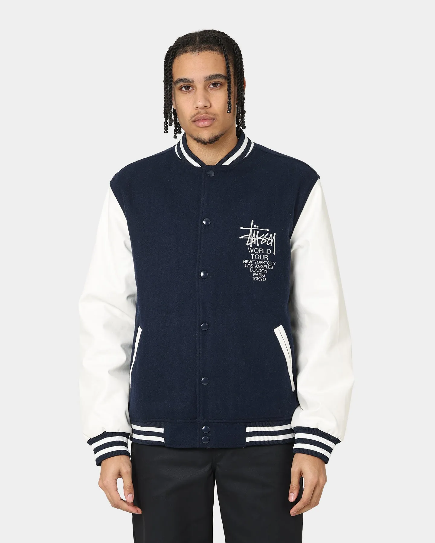 Stussy World Tour Varsity Jacket Navy/White