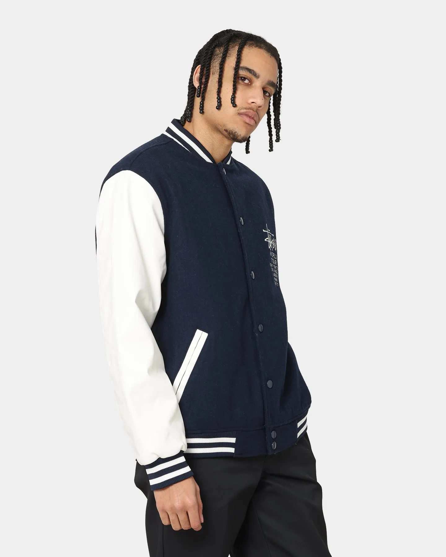 Stussy World Tour Varsity Jacket Navy/White