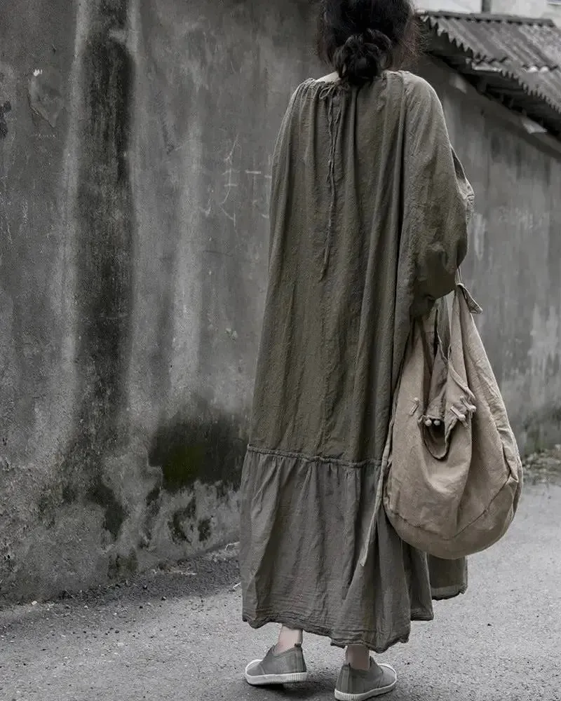 Summer Chic Lantern Sleeve Cotton Linen Dress in Brown