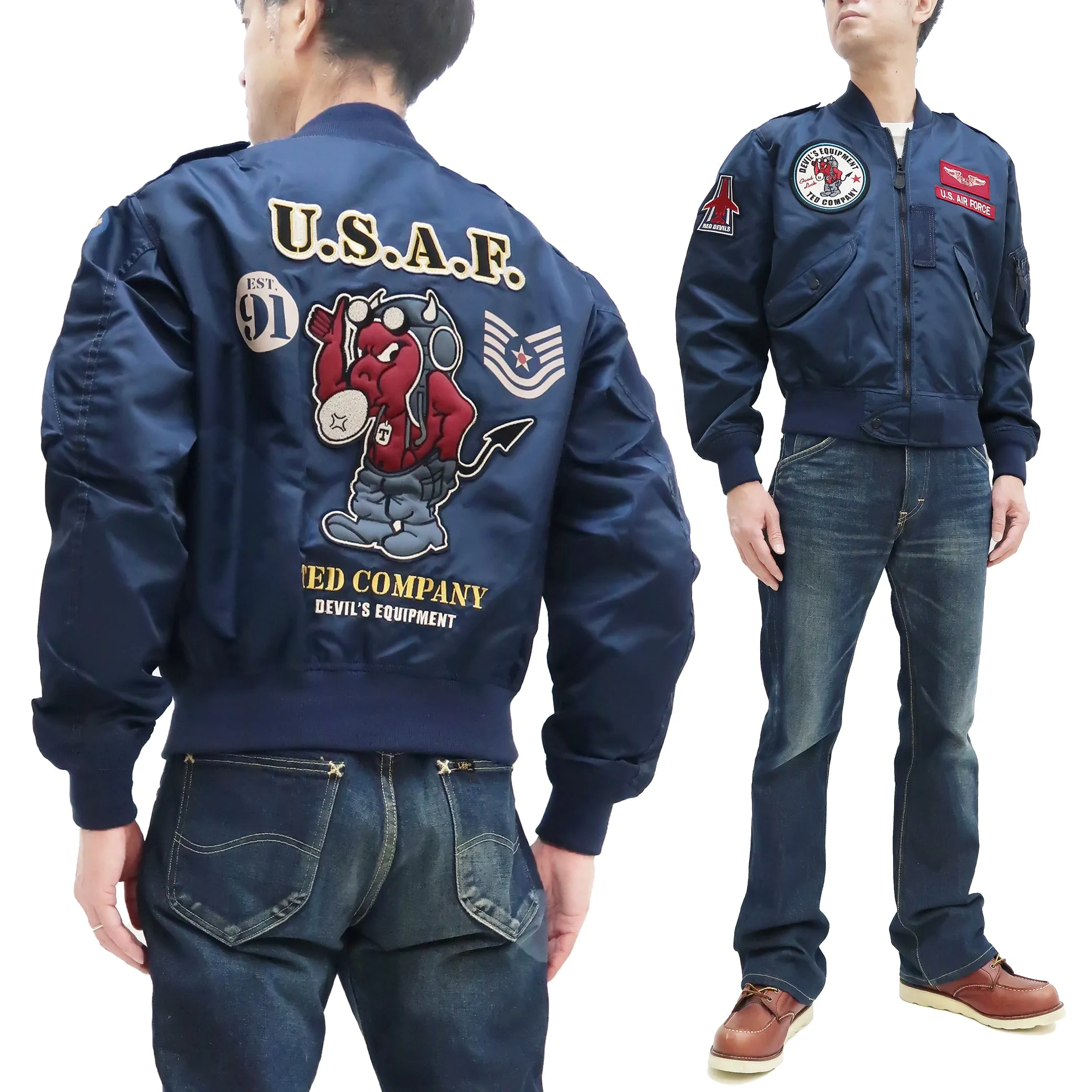 Tedman Lightweight Jacket Men's L-2 Flight Jacket Lucky Devil Custom Nylon Bomber Jacket TL2-190 Navy-Blue