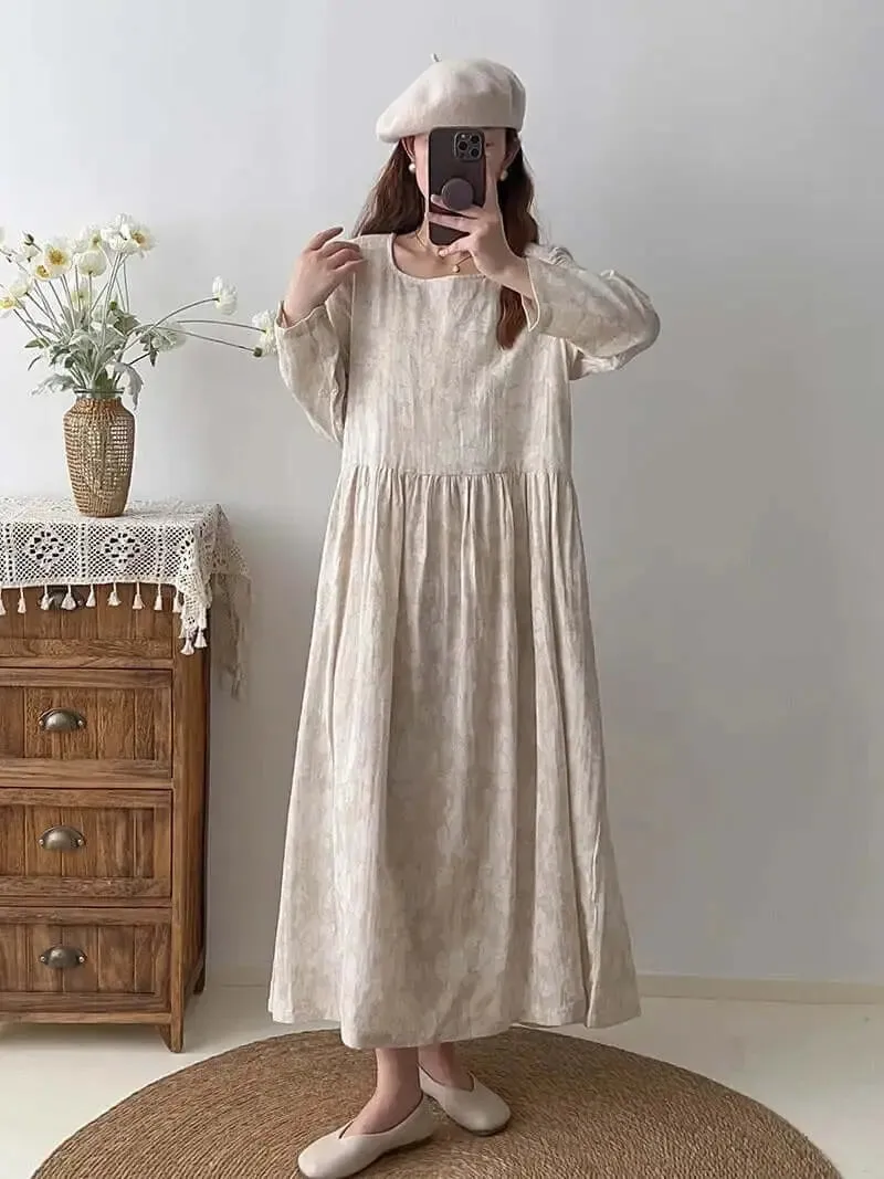 Textured Linen Maxi Party Dress for Women with Long Sleeves