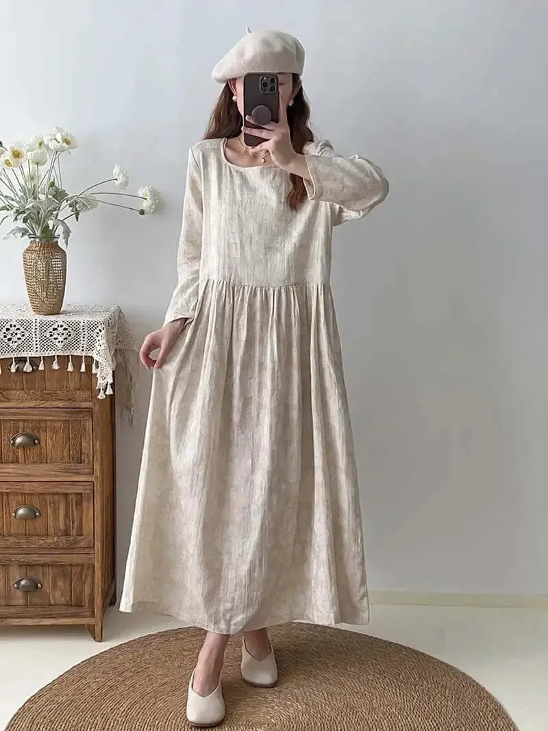 Textured Linen Maxi Party Dress for Women with Long Sleeves